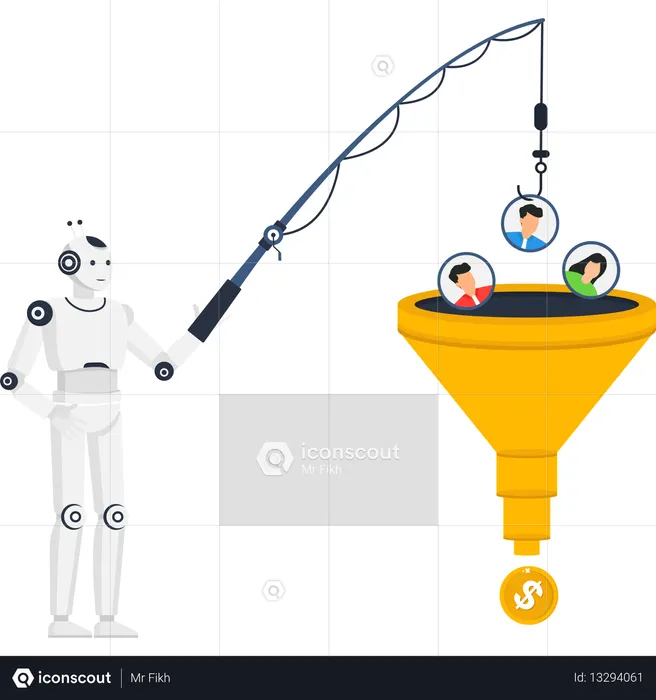 AI robot fishing for customer leads with a sales funnel for business conversion and profit  Illustration