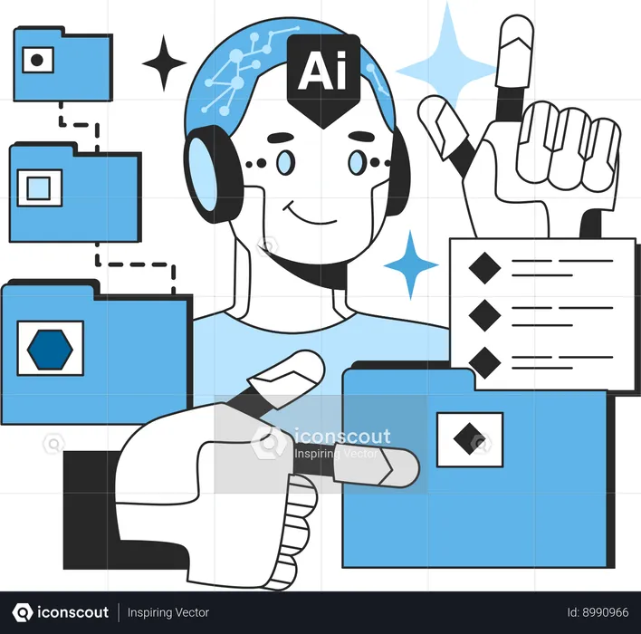 Ai robot managing file folders  Illustration