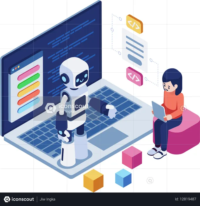 AI Robot Teaching Child Learn Coding. AI and Coding for Kid  Illustration