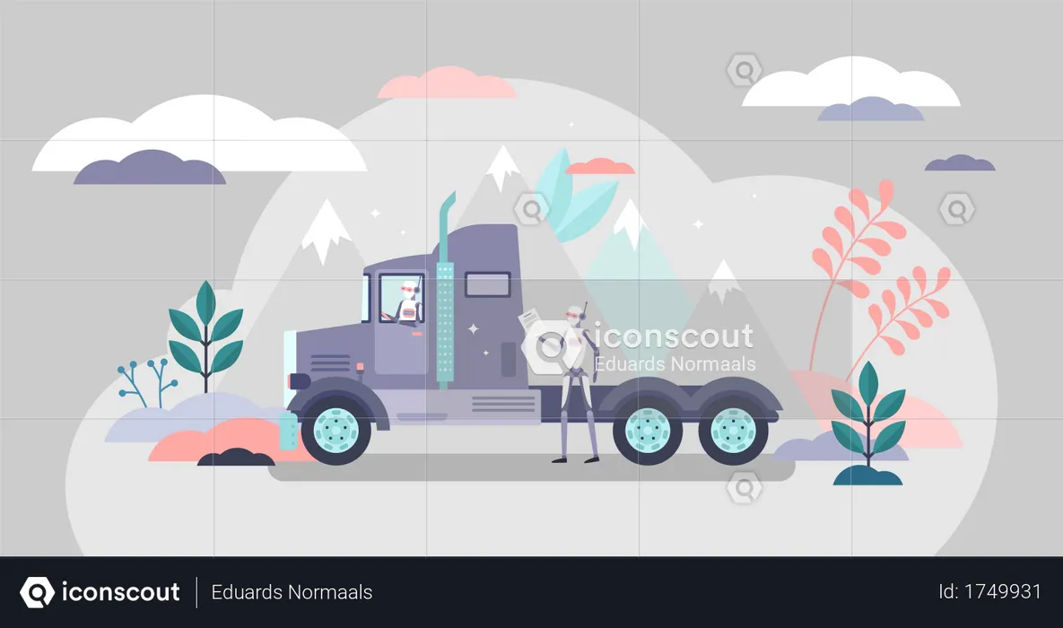 AI robot truck driver logistics transportation flat tiny person vector illustration concept  Illustration
