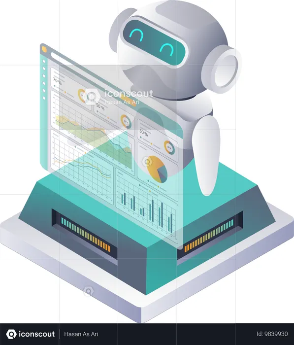 AIロボットがサーバー環境でのデータ分析をサポート  イラスト