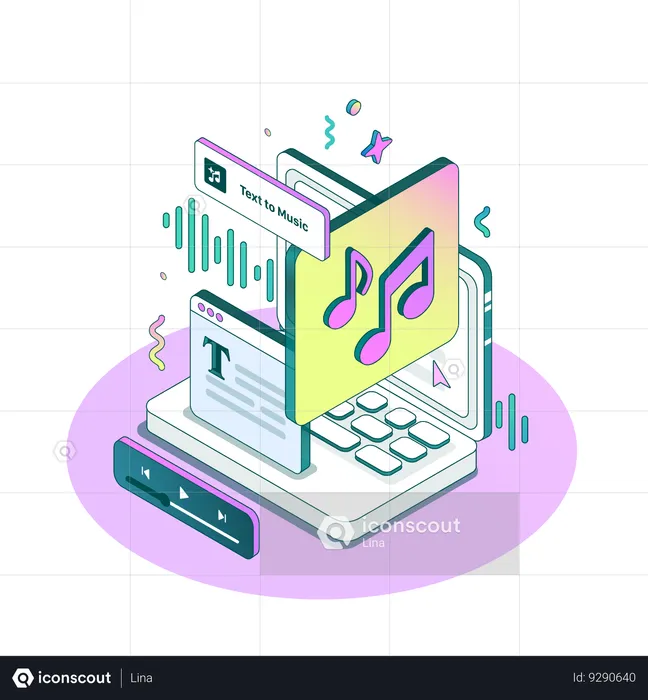 Ai turns Text into Music. Isometric minimalist style in different Dimensions  Illustration