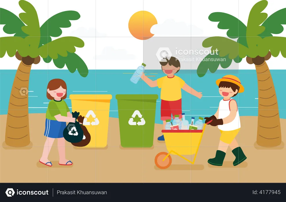 Les enfants aident à collecter les déchets recyclés  Illustration