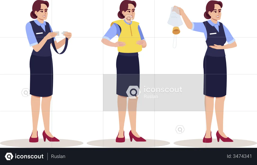 Air hostess explaining emergency precautions  Illustration