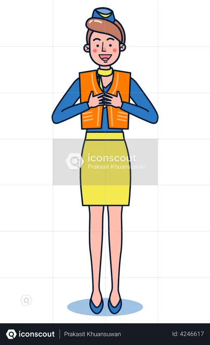 Air Hostess explaining emergency seatbelts  Illustration
