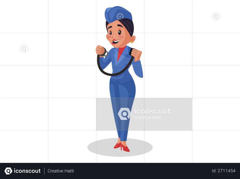 Airhostess showing how to tie seat belt  Illustration