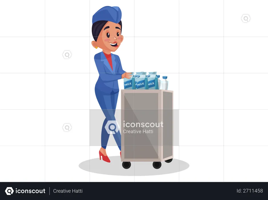 Airhostess walking with meal box  Illustration