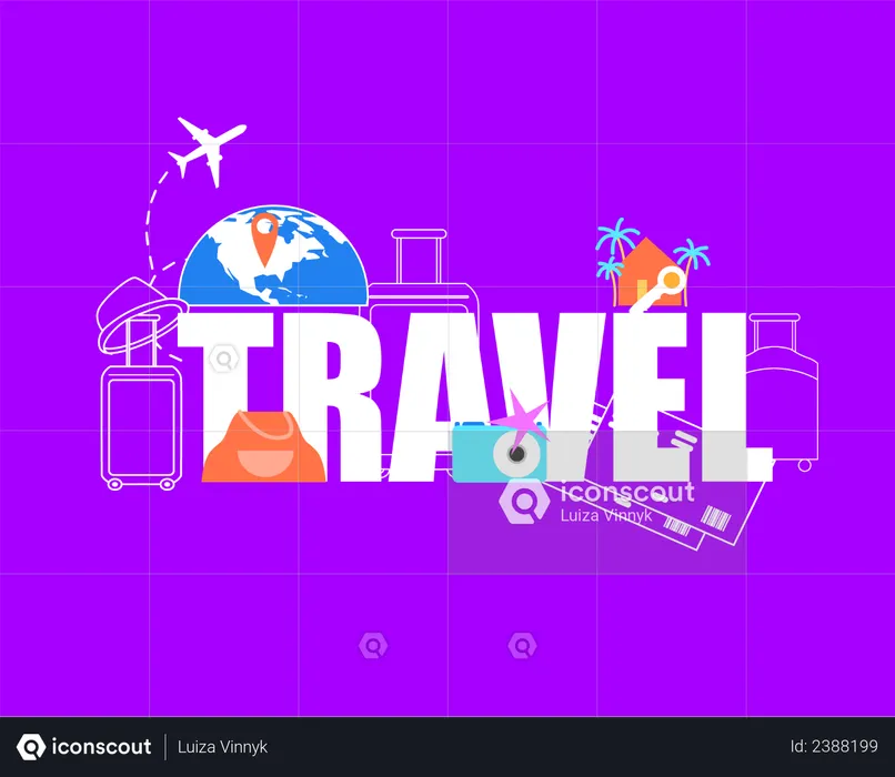 Airplane Flying around World Globe, Destination Pin on Map, Baggage Gags, Airline Tickets  Illustration