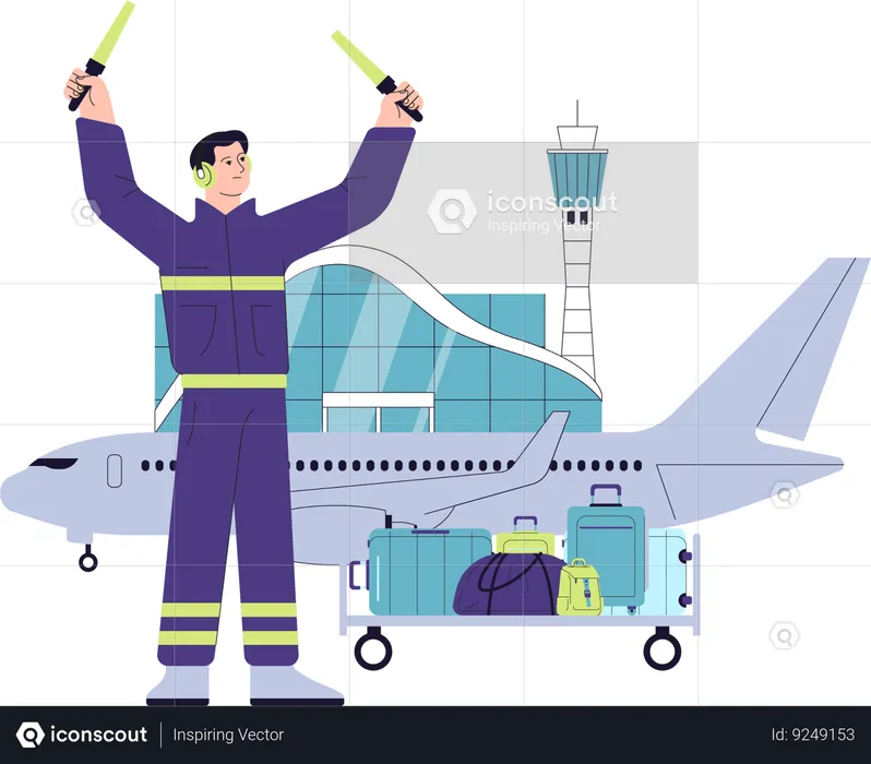 Airport marshaller directing airplane on tarmac with luggage ready for loading  Illustration
