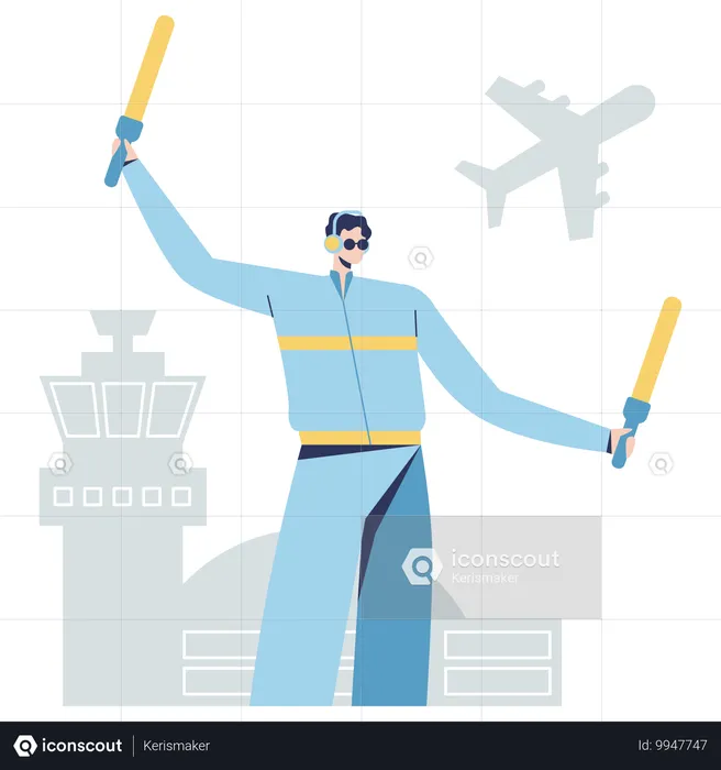 Airport Marshaller directing airplane on tarmac with luggage ready for loading  Illustration