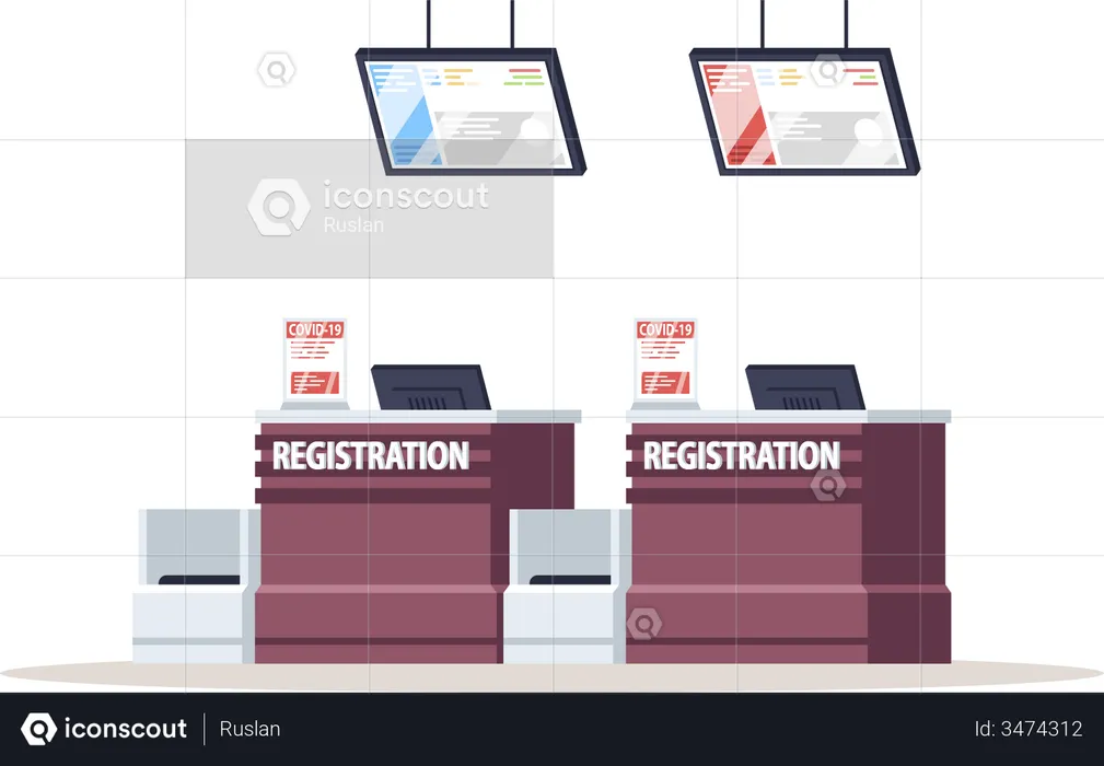 Airport registration counter with coronavirus warning  Illustration