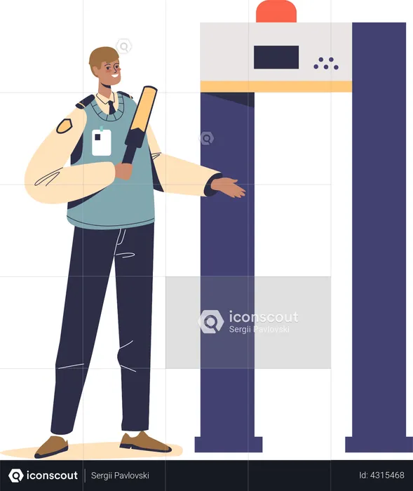 Airport security checkpoint worker man scanning passengers at metal detector gate before flight  Illustration