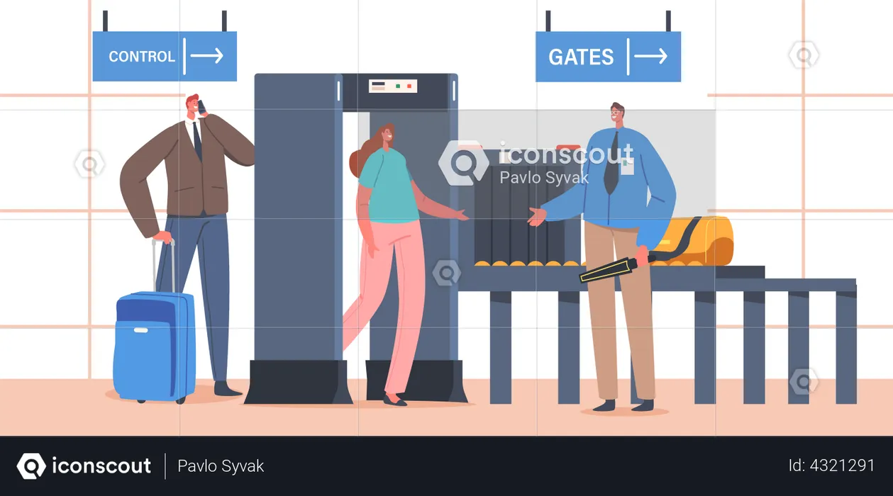 Airport Terminal Checkpoint Metal Detector with Traveler Characters and Baggage  Illustration
