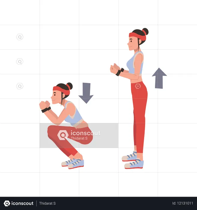 Aktive Frau in Sportkleidung, die Kniebeugen für Fitness und Gesundheit durchführt  Illustration