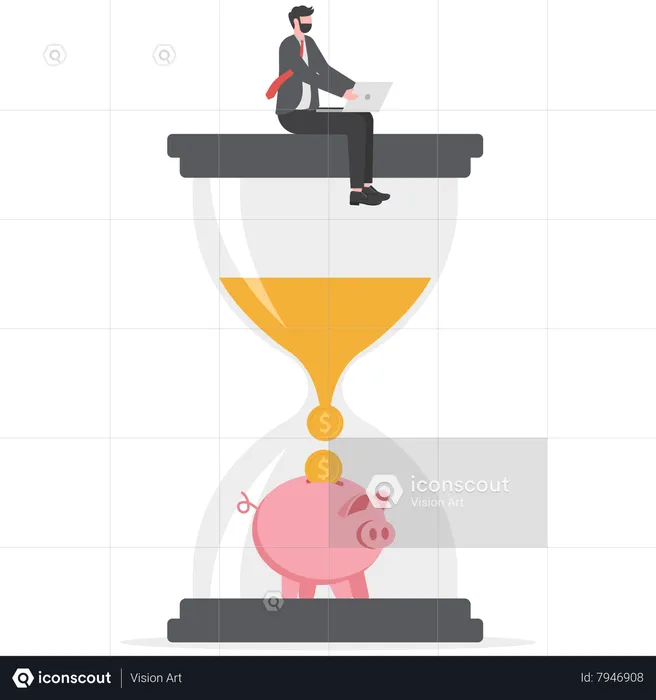 Alarm clock and timer into sandglass falling to money profit return  Illustration