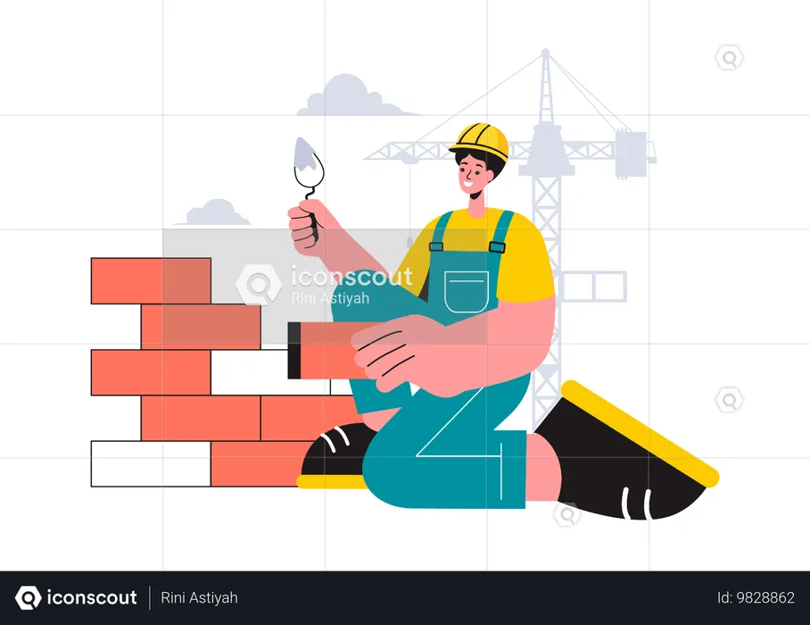 Trabajador albañil colocando ladrillos para la construcción de muros  Ilustración