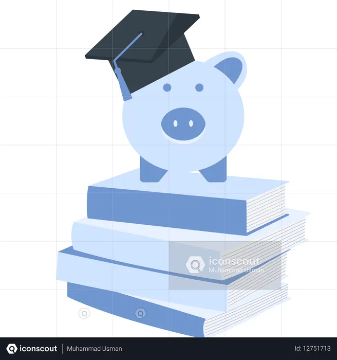 Alcancía con birrete de graduación sobre libros  Ilustración