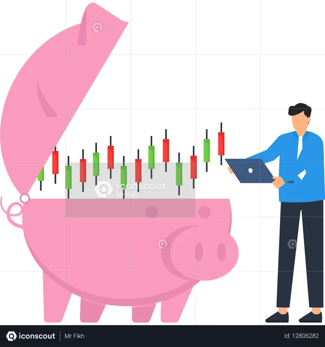 Alcancía con gráfico de acciones y empresario analizando datos financieros en una computadora portátil  Ilustración