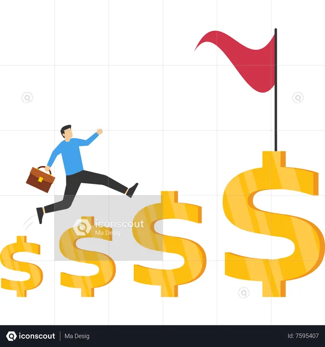 Empresário alegre sobe uma pilha de moedas de dinheiro com o objetivo de alcançar a bandeira alvo  Ilustração