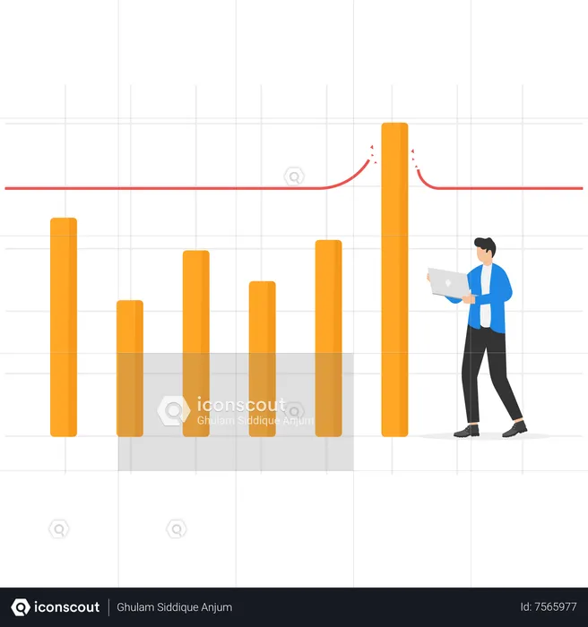 Un hombre de negocios alegre viendo un gráfico de barras rompiendo la línea récord  Ilustración