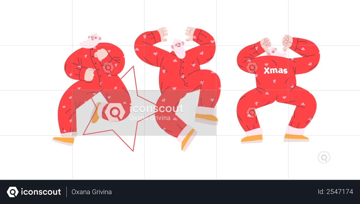 Alegre grupo de Papai Noel dançando de maneiras diferentes  Ilustração