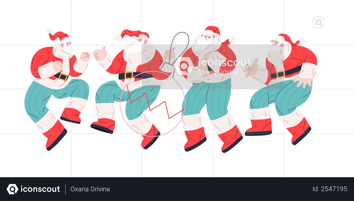 Alegre grupo de Papai Noel dançando de maneiras diferentes  Ilustração