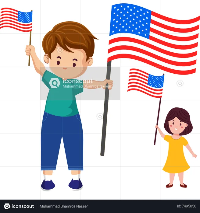 Garoto alegre da independência comemorando com a bandeira americana  Ilustração