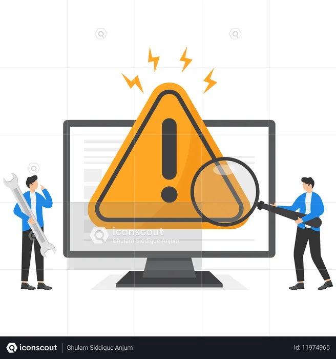 Hombre encuentra una alerta de computadora usando una lupa  Ilustración
