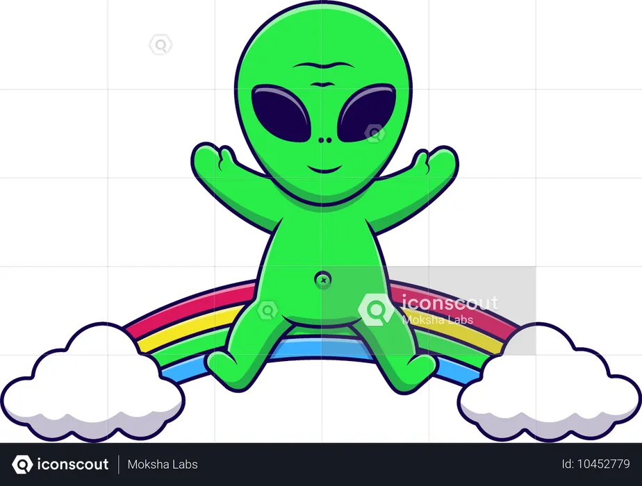 Extraterrestre assis sur un nuage arc-en-ciel  Illustration