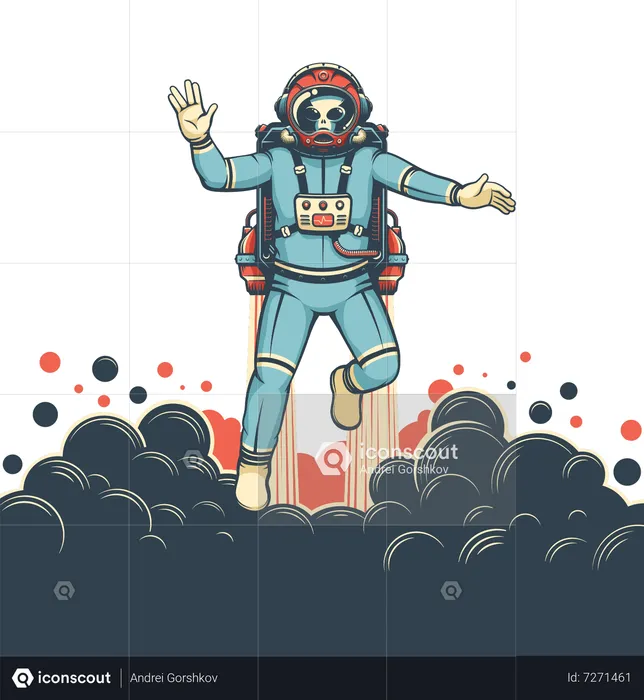 Alien astronaut with jetpack flies  Illustration