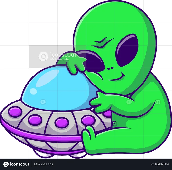 Extraterrestre étreignant un ovni  Illustration