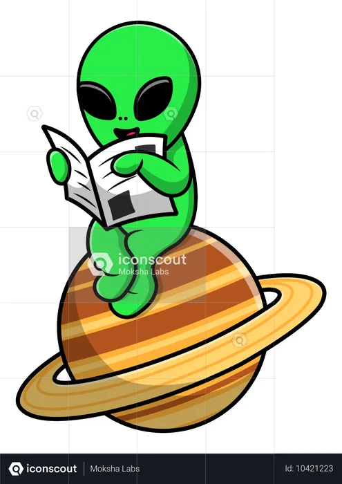 Alien lendo jornal no planeta  Ilustração