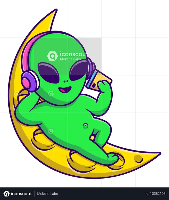 Alien ouvindo música com fone de ouvido e celular na lua  Ilustração