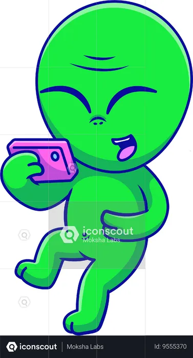 Alien Playing Handphone  Illustration