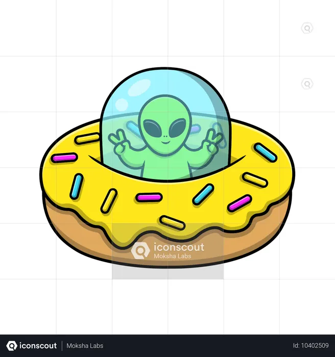 Alien Riding Doughnut Ufo With Peace Hand  Illustration