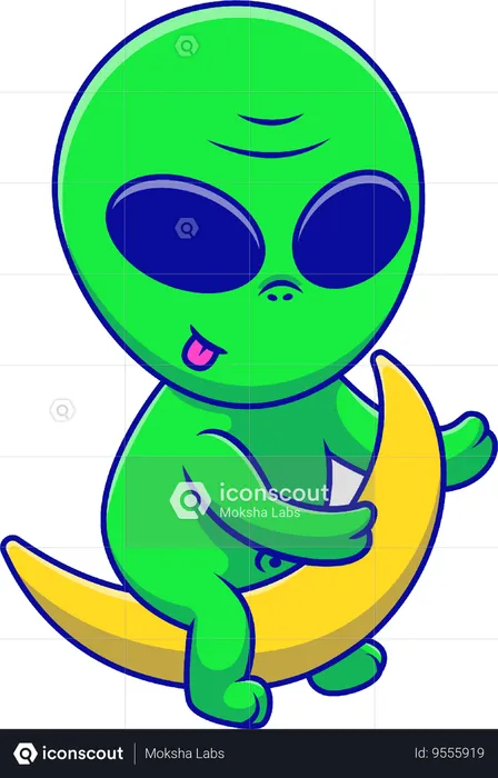 Alien Sitting On Crescent Moon  Illustration