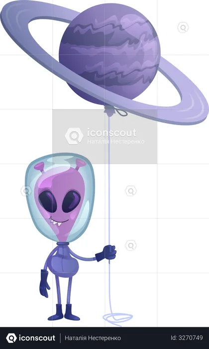 Alien with planet balloon  Illustration