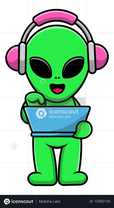 Alien Working On Laptop With Headphone  Illustration