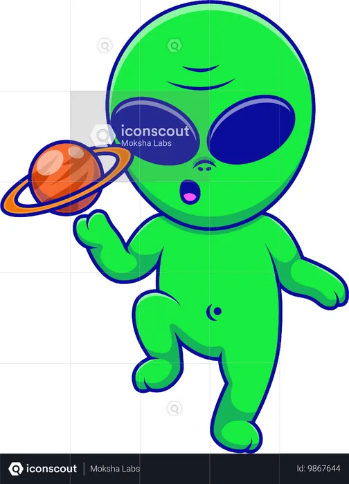 Alienígena segurando um planeta flutuante  Ilustração