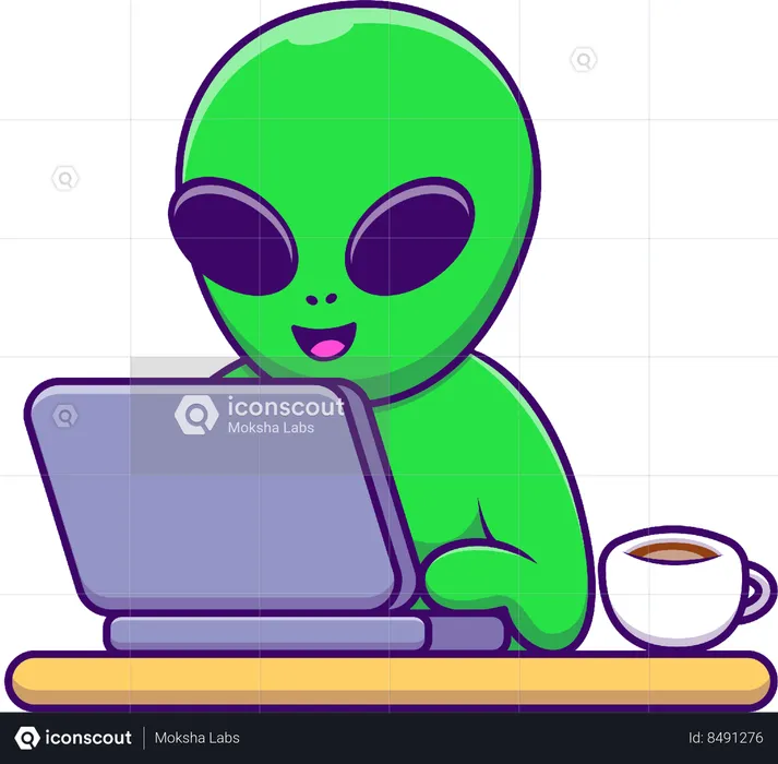 Alienígena trabalhando no laptop  Ilustração