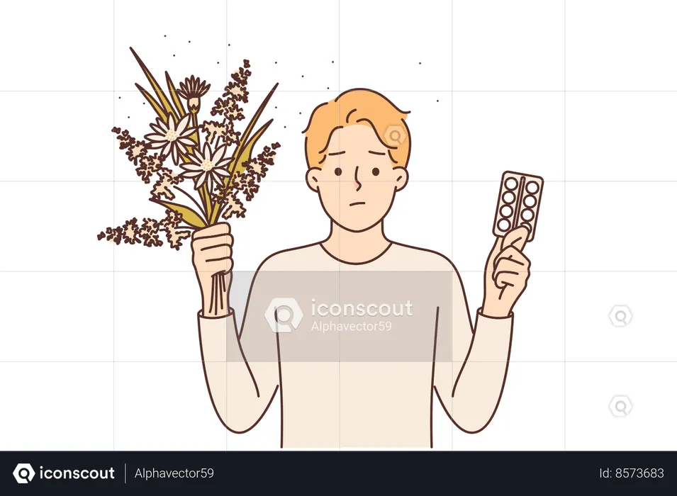 Allergic man with flowers and pills  Illustration