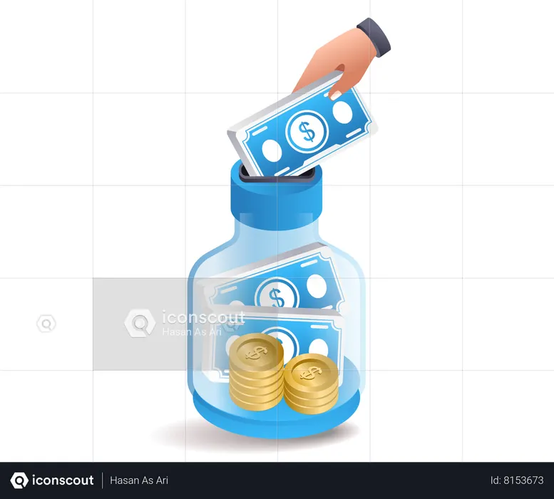 Guardar billetes en una alcancía de botella.  Ilustración