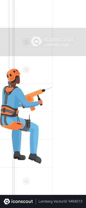 Alpinist worker with drill machine  Illustration