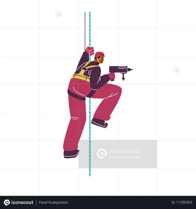 Alpinista industrial Homem faz furo na parede do escritório  Ilustração