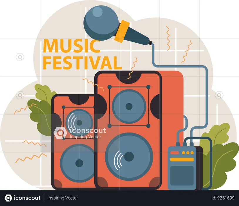 Altavoz y micrófono de música en festival de música.  Illustration