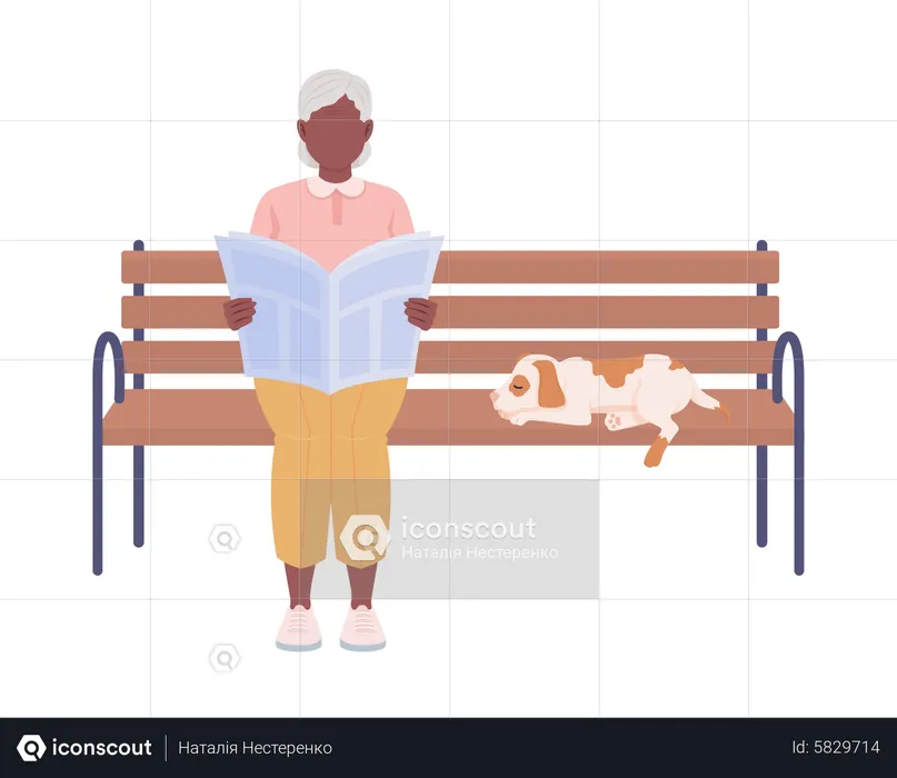 Alte Dame sitzt auf Bank im Park  Illustration