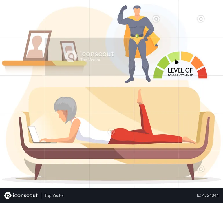 Alte Frau mit Computer auf der Couch liegend  Illustration