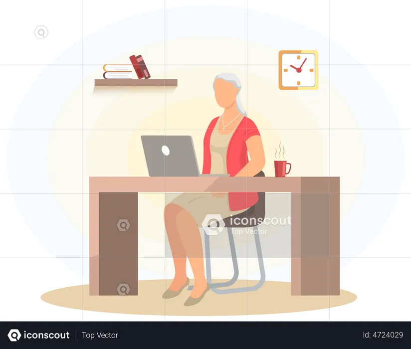 Alte Frau sitzt mit Computer am Arbeitsplatz  Illustration