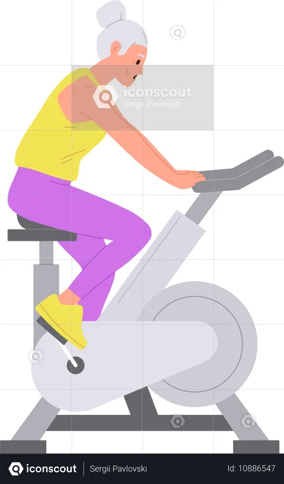 Alte Seniorin fährt Fitnessgerät auf einem Heimtrainer  Illustration