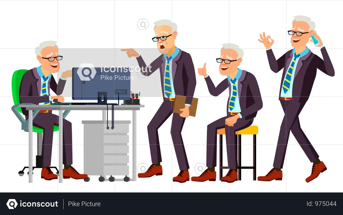 Alt, Büroangestellte, Vector., Gesicht, Emotions,, Unterschiedliche, Gestures., Geschäftsmann, Person., Lächeln, Executive,, Servant,, Workman,, Officer., Freigestellt, Zeichen, Abbildung  Illustration